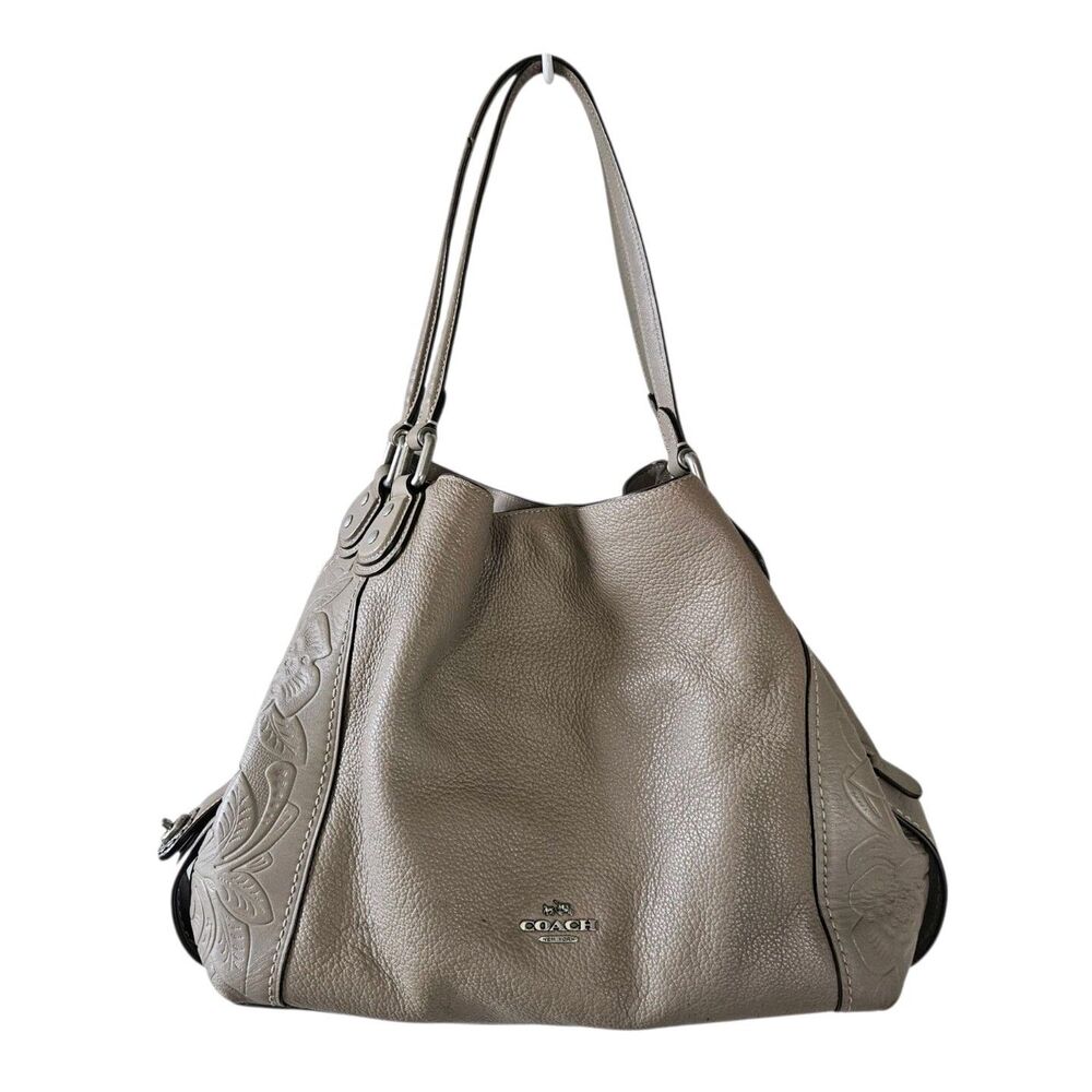COACH TAUPE SILVER EDIE HOBO TEA ROSE TOOLING EMBOSSED LEATHER BAG Purse